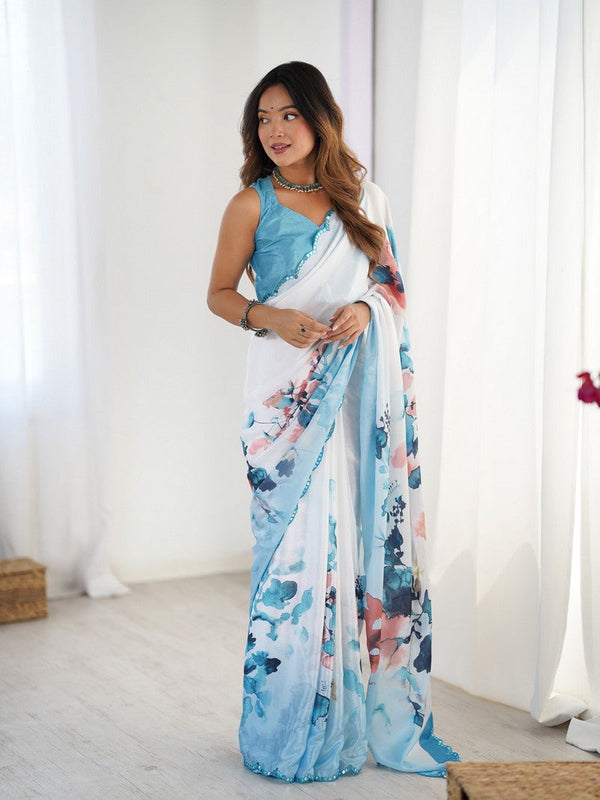 Lovely White Color Chinon Fabric Designer Saree