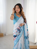 Lovely White Color Chinon Fabric Designer Saree