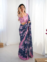 Lovely Navy Blue Color Chinon Fabric Designer Saree