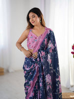 Lovely Navy Blue Color Chinon Fabric Designer Saree