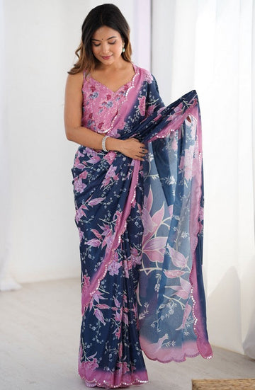 Lovely Navy Blue Color Chinon Fabric Designer Saree