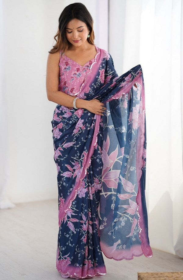Lovely Navy Blue Color Chinon Fabric Designer Saree