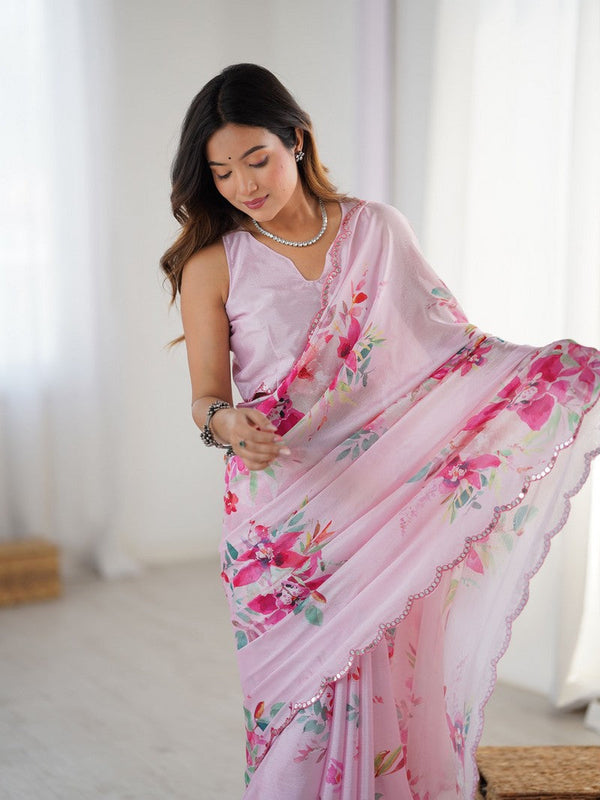 Lovely Pink Color Chinon Fabric Designer Saree
