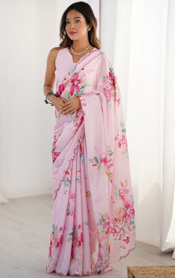 Lovely Pink Color Chinon Fabric Designer Saree