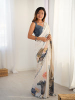 Lovely Cream Color Chinon Fabric Designer Saree