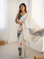 Lovely Cream Color Chinon Fabric Designer Saree