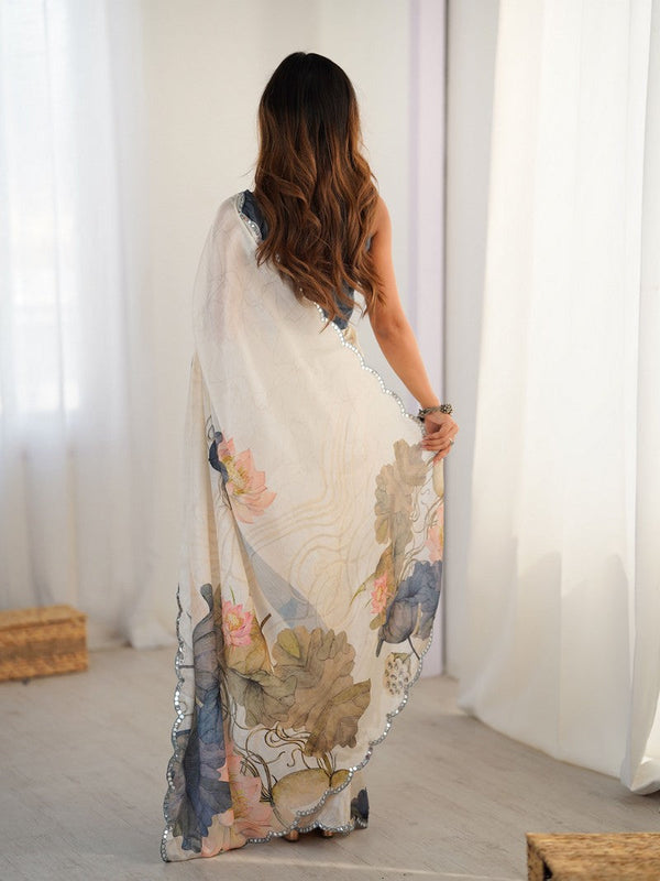 Lovely Cream Color Chinon Fabric Designer Saree