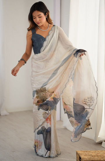 Lovely Cream Color Chinon Fabric Designer Saree