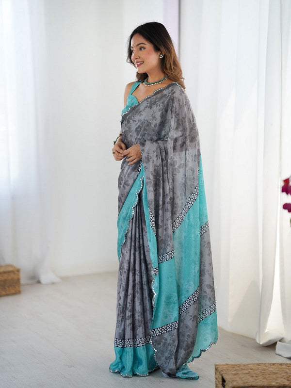 Lovely Grey Color Chinon Fabric Designer Saree