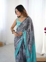 Lovely Grey Color Chinon Fabric Designer Saree