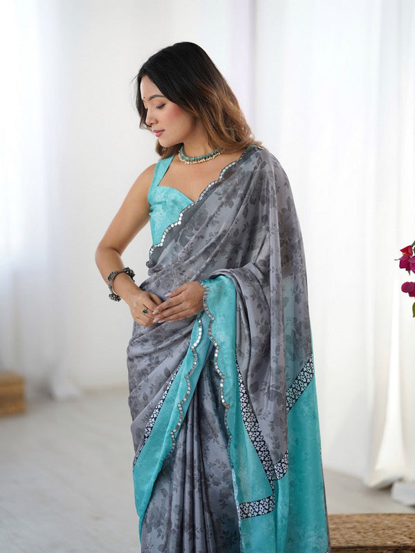 Lovely Grey Color Chinon Fabric Designer Saree