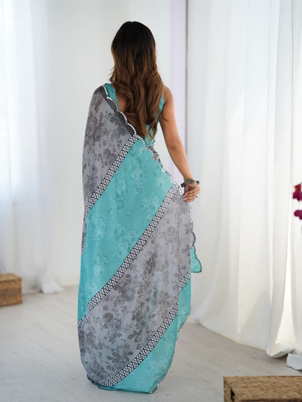 Lovely Grey Color Chinon Fabric Designer Saree