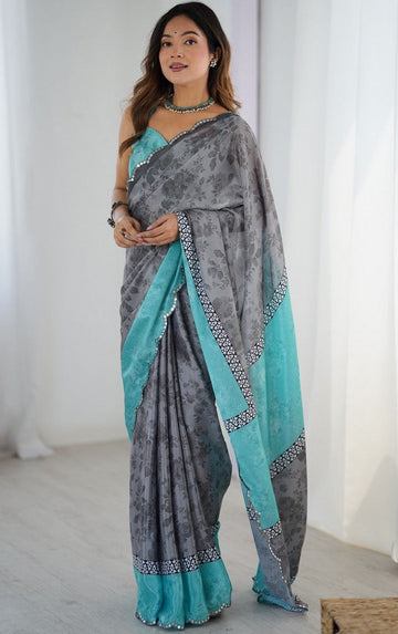 Lovely Grey Color Chinon Fabric Designer Saree