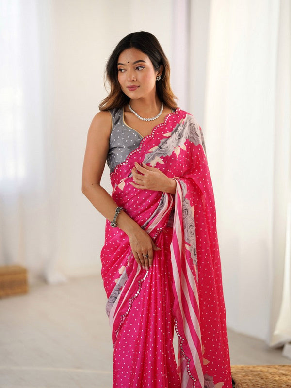 Lovely Pink Color Chinon Fabric Designer Saree