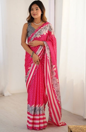 Lovely Pink Color Chinon Fabric Designer Saree