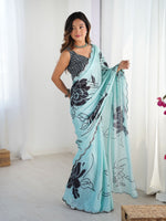 Lovely Aqua Color Chinon Fabric Designer Saree
