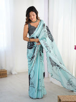 Lovely Aqua Color Chinon Fabric Designer Saree