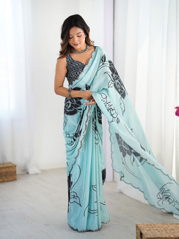 Lovely Aqua Color Chinon Fabric Designer Saree