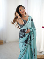 Lovely Aqua Color Chinon Fabric Designer Saree