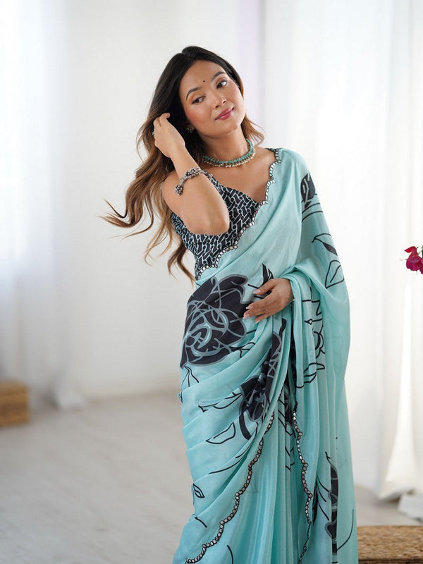 Lovely Aqua Color Chinon Fabric Designer Saree