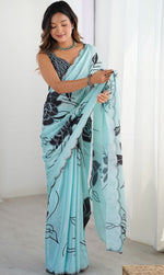 Lovely Aqua Color Chinon Fabric Designer Saree