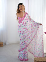 Lovely White Color Chinon Fabric Designer Saree