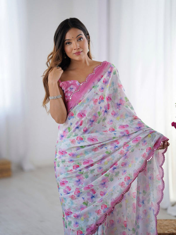 Lovely White Color Chinon Fabric Designer Saree