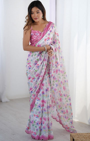 Lovely White Color Chinon Fabric Designer Saree