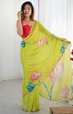 Lovely Green Color Chinon Fabric Designer Saree
