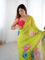 Lovely Green Color Chinon Fabric Designer Saree