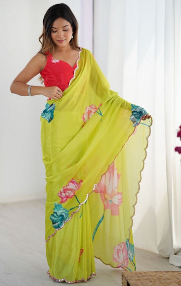 Lovely Green Color Chinon Fabric Designer Saree