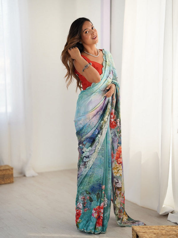 Lovely Aqua Color Chinon Fabric Designer Saree