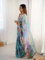 Lovely Aqua Color Chinon Fabric Designer Saree