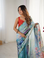 Lovely Aqua Color Chinon Fabric Designer Saree