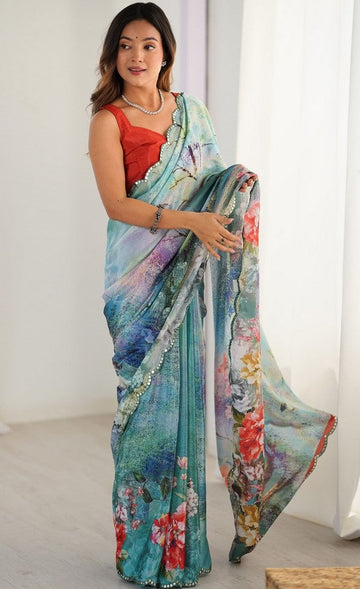 Lovely Aqua Color Chinon Fabric Designer Saree