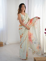 Lovely Grey Color Chinon Fabric Designer Saree