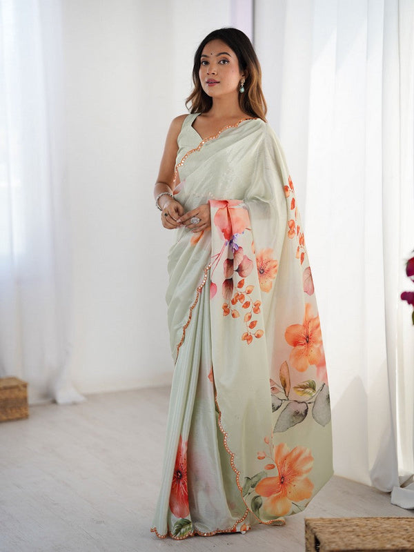 Lovely Grey Color Chinon Fabric Designer Saree