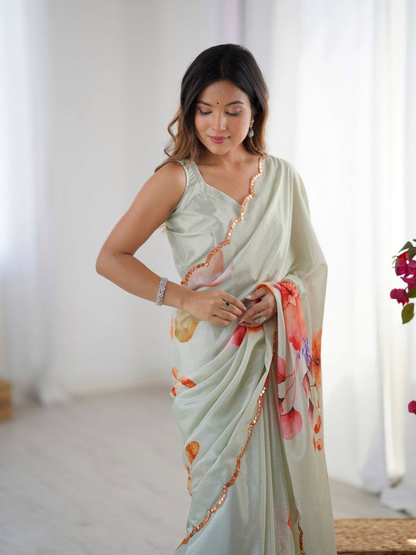 Lovely Grey Color Chinon Fabric Designer Saree