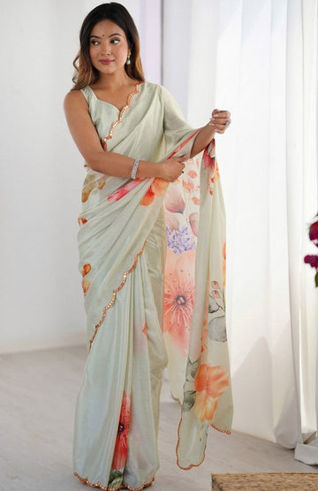 Lovely Grey Color Chinon Fabric Designer Saree