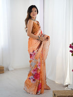 Lovely Orange Color Chinon Fabric Designer Saree