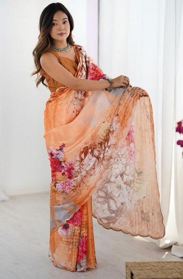 Lovely Orange Color Chinon Fabric Designer Saree