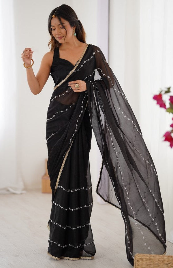 Beauteous Black Color Chiffon Fabric Designer Saree