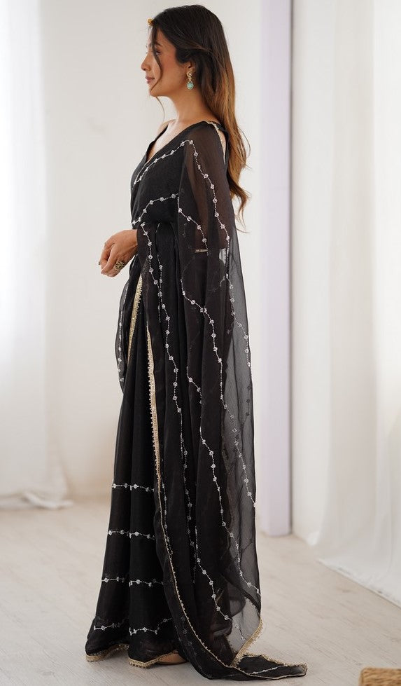 Beauteous Black Color Chiffon Fabric Designer Saree
