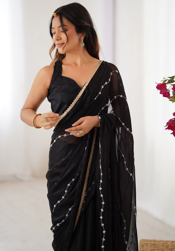Beauteous Black Color Chiffon Fabric Designer Saree
