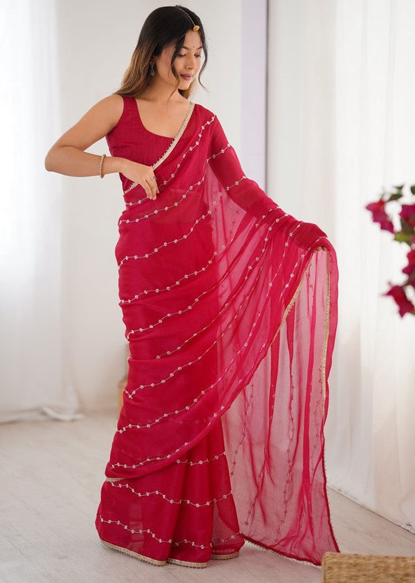 Beauteous Pink Color Chiffon Fabric Designer Saree