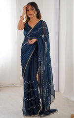 Beauteous Teal Color Chiffon Fabric Designer Saree