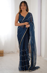 Beauteous Teal Color Chiffon Fabric Designer Saree