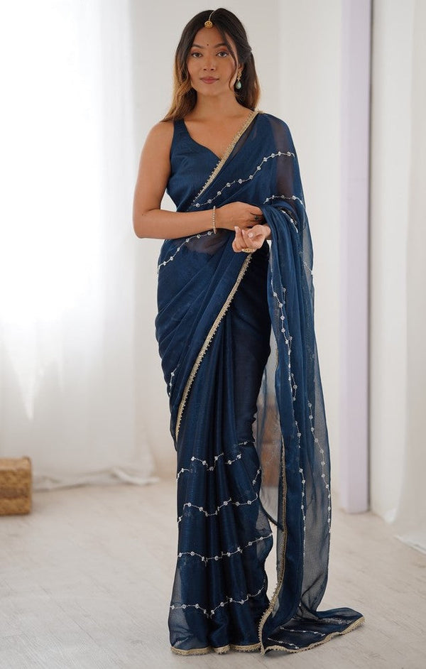 Beauteous Teal Color Chiffon Fabric Designer Saree