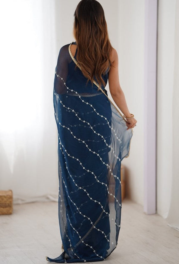 Beauteous Teal Color Chiffon Fabric Designer Saree