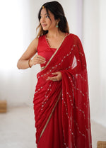Beauteous Red Color Chiffon Fabric Designer Saree